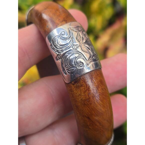 Vintage Silpada Etched Sterling Silver and Wood Bangle Bracelet, 2007 B1490 - Picture 8 of 8